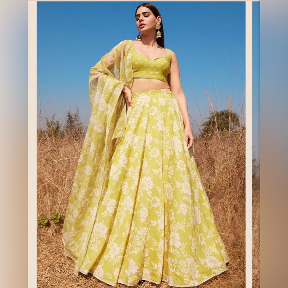 Olive Yellow / Chartreuse Floral Chanderi Lehenga